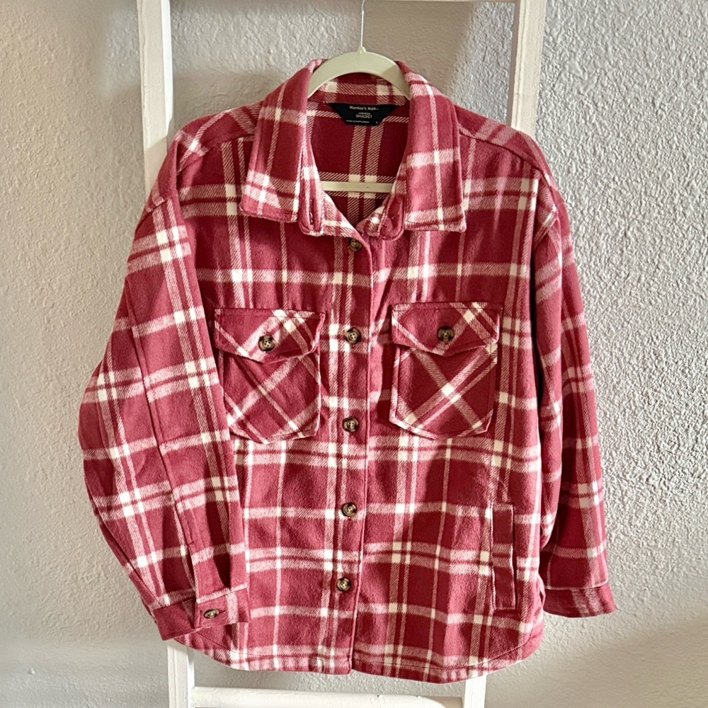 Dark Pink Plaid Button-Up Shirt, Large Women’s Shacket